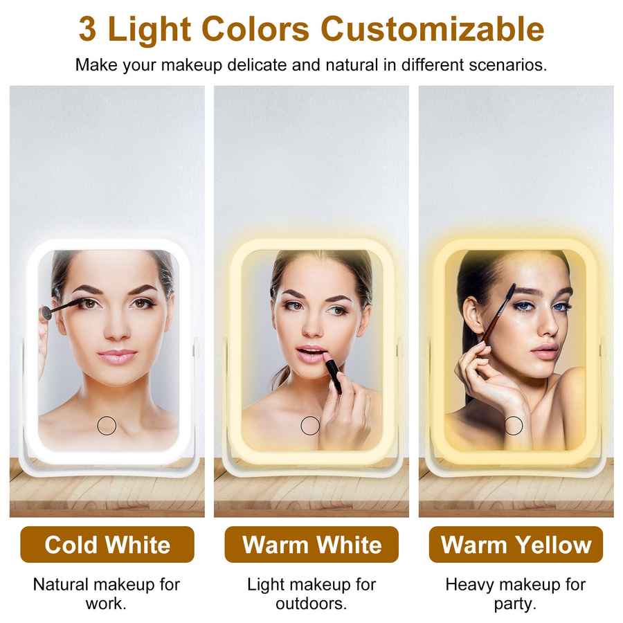 Three light color customizable makeup mirrors with different lighting effects on a neutral background.