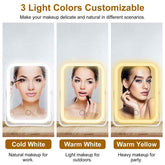 Three light color customizable makeup mirrors with different lighting effects on a neutral background.