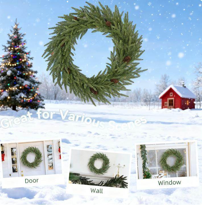 Christmas Wreath, Artificial Norfolk Pine Wreath with Pine Cones and 88 Realistic Branches for Door
