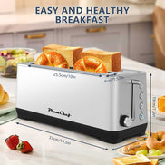 PlumChef 4-Slice Toaster with Wide Slots - 1500W stainless steel design, shown with dimensions and toast, ideal for easy and healthy breakfast prep.