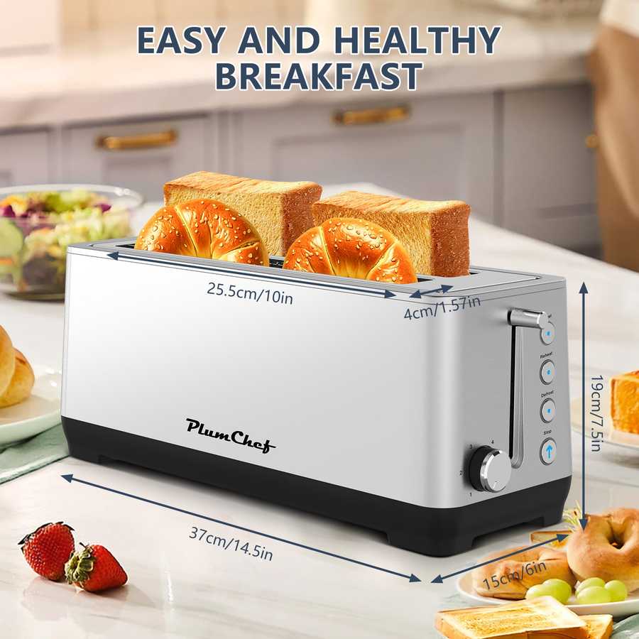 PlumChef 4-Slice Toaster with Wide Slots - 1500W stainless steel design, shown with dimensions and toast, ideal for easy and healthy breakfast prep.