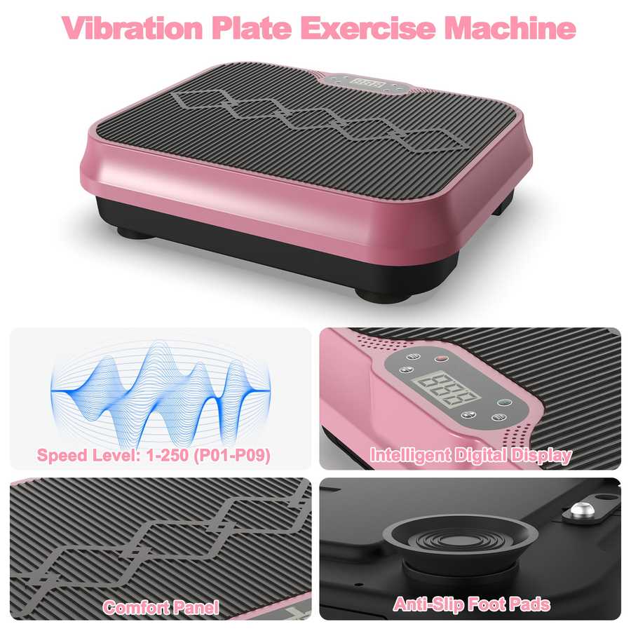Pink vibration plate exercise machine with features highlighted on a white background