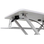 Underside view of adjustable standing laptop desk showing lift mechanism and hardware. Built for stability and smooth height transitions.