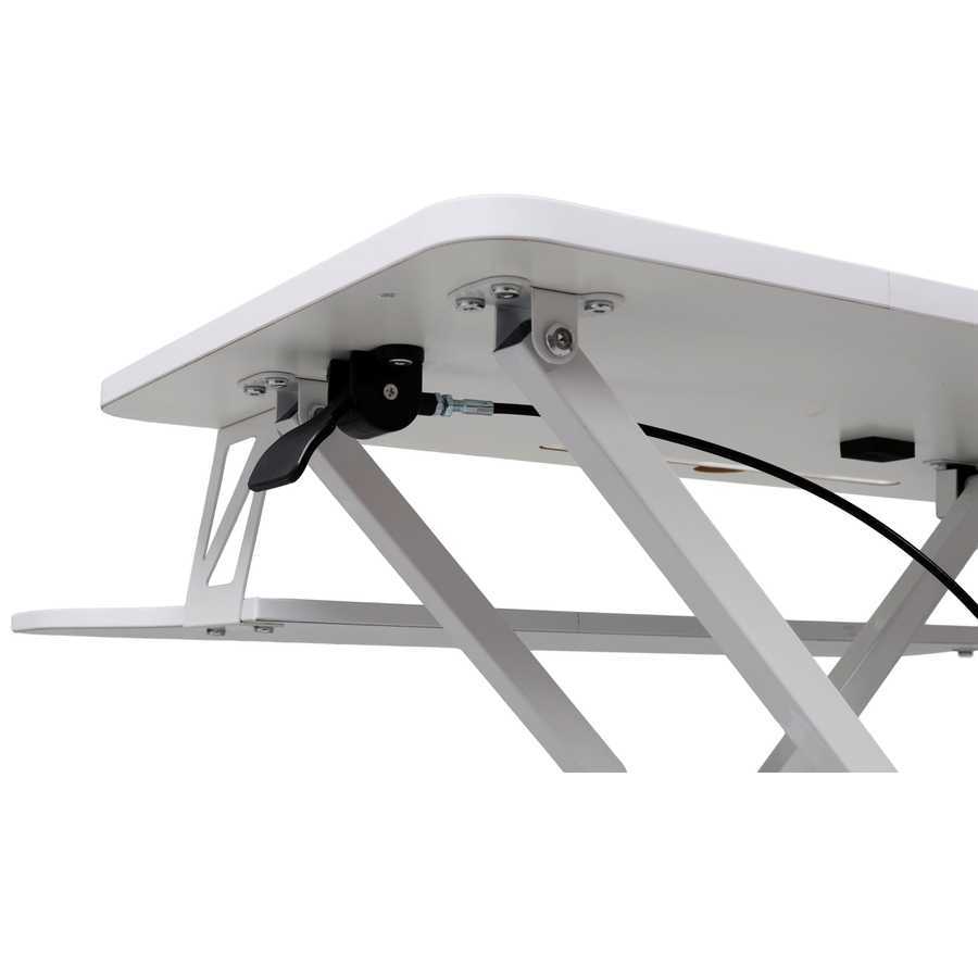 Underside view of adjustable standing laptop desk showing lift mechanism and hardware. Built for stability and smooth height transitions.