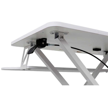 Underside view of adjustable standing laptop desk showing lift mechanism and hardware. Built for stability and smooth height transitions.