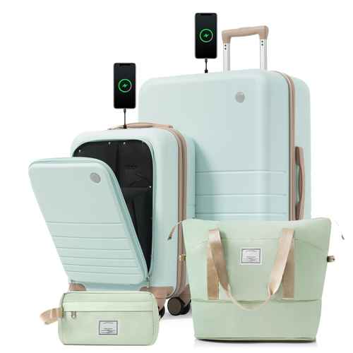 A coordinated luggage travel set on a white background, including a large hard-shell suitcase, a smaller suitcase with its lid open, a tote bag, and a small pouch. The items are in a pale mint green color with beige handles and trim.