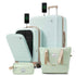 A coordinated luggage travel set on a white background, including a large hard-shell suitcase, a smaller suitcase with its lid open, a tote bag, and a small pouch. The items are in a pale mint green color with beige handles and trim.
