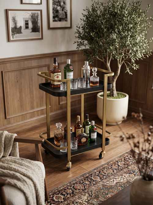 Black and gold metal bar cart with two tiers, gold frame, black trays, and casters, holding liquor bottles and glasses in a cozy home bar
