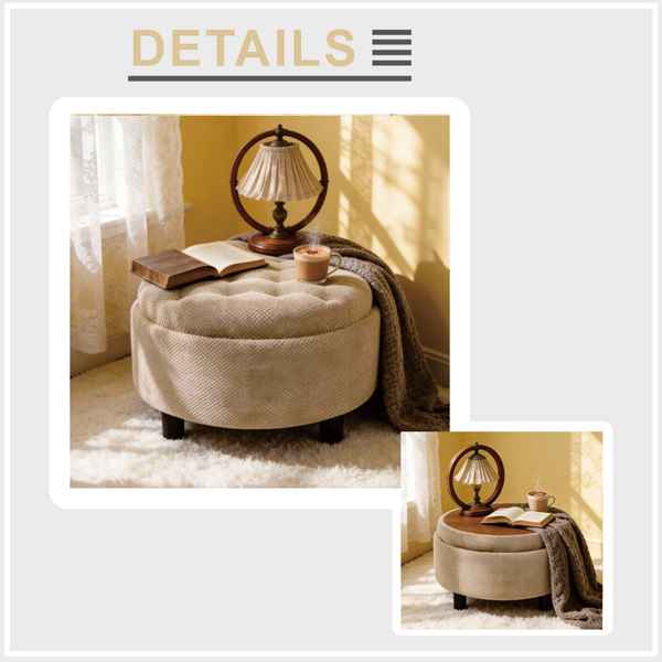 Round beige ottoman with a lamp, book, and cup on top in a cozy room setting.