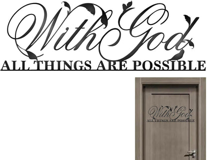 Durable Zebra Metal Wall Art reading 'With God All Things Are Possible' displayed on a wooden door, perfect for entryways or offices.