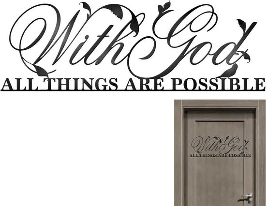 Durable Zebra Metal Wall Art reading 'With God All Things Are Possible' displayed on a wooden door, perfect for entryways or offices.