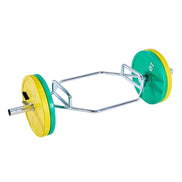 Barbell with green and yellow weights on a white background