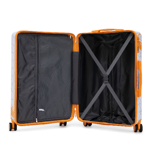 Orange suitcase with open lid on a white background