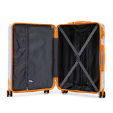 Orange suitcase with open lid on a white background