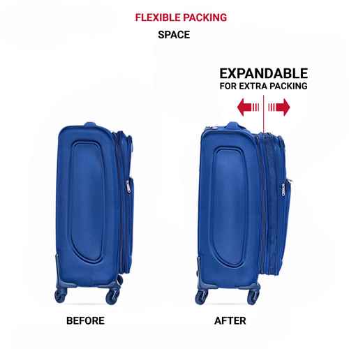 Blue 20-inch carry-on suitcase with four spinner wheels, ergonomic handle, and front zippered pocket, made of durable fabric.