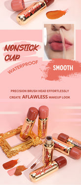 A promotional collage for nonstick cup waterproof smooth lipsticks. The image features multiple gold and pink tubes of lipstick with peach and nude shades, swatches of the product on a pink background, and a small inset showing the lipstick applied to lips.