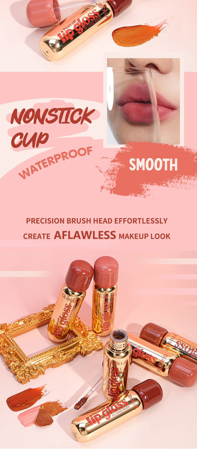 A promotional collage for nonstick cup waterproof smooth lipsticks. The image features multiple gold and pink tubes of lipstick with peach and nude shades, swatches of the product on a pink background, and a small inset showing the lipstick applied to lips.