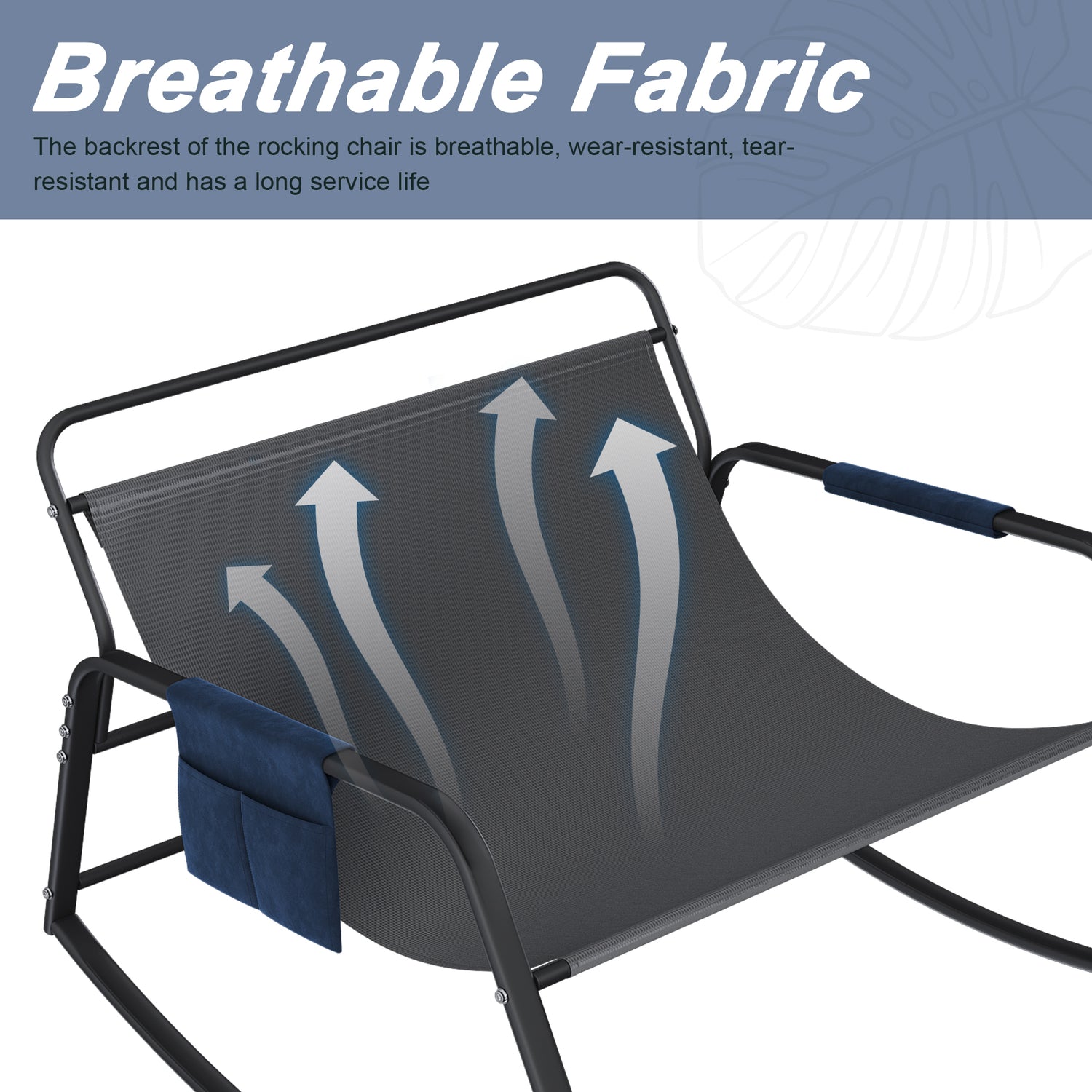 Rocking chair with breathable fabric backrest on a white background