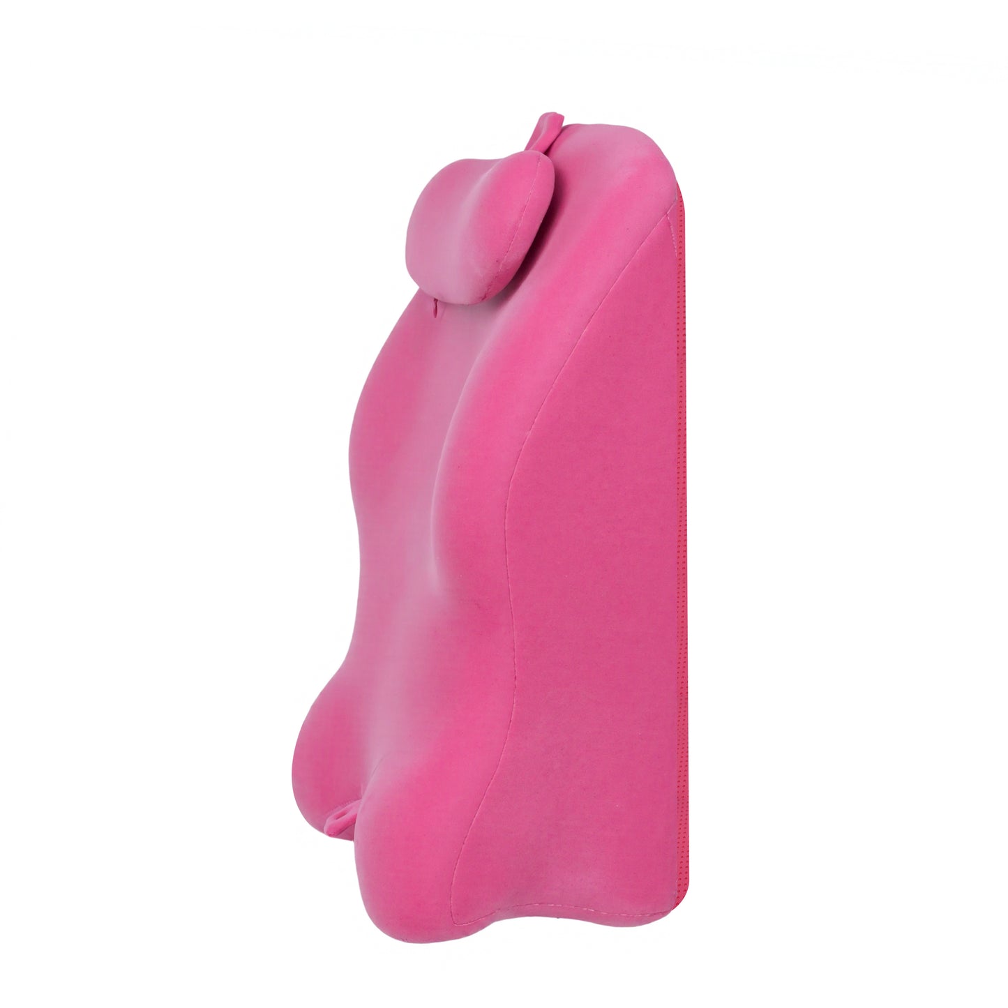 Upright view of pink ergonomic memory foam posture support pillow with headrest, ideal for back care and posture correction.
