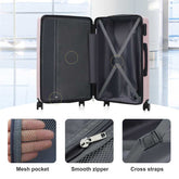 Pink suitcase with open lid showing mesh pocket, smooth zipper, and cross straps on a white background.
