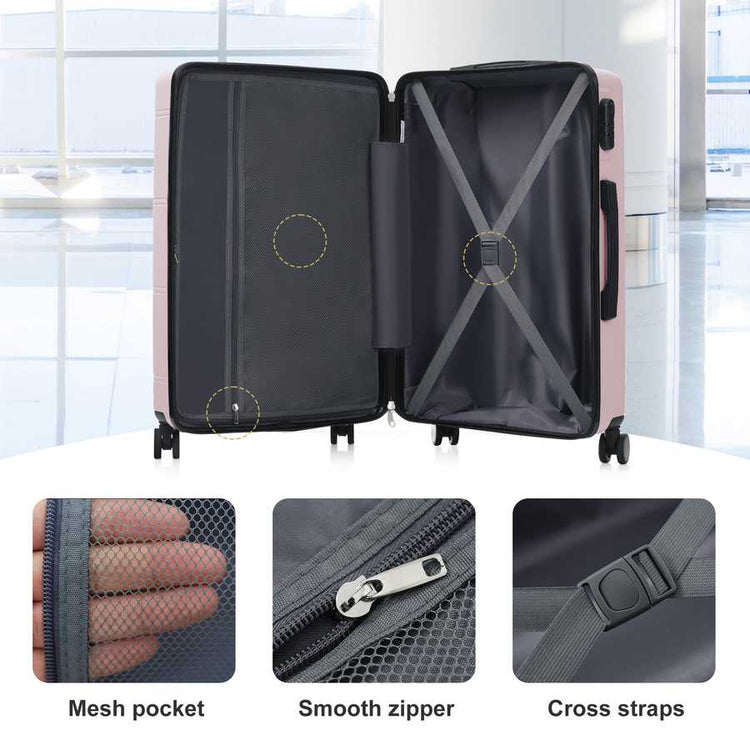 Pink suitcase with open lid showing mesh pocket, smooth zipper, and cross straps on a white background.