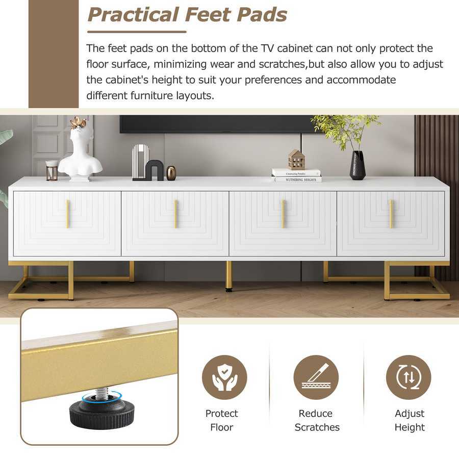 TV stand with practical feet pads that protect floors, reduce scratches, and allow height adjustment for flexible furniture placement.