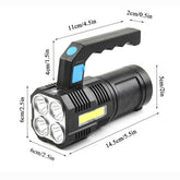 USB Rechargeable Handheld LED Flashlight with ergonomic handle, 4 LED heads, and detailed size dimensions for outdoor portability.