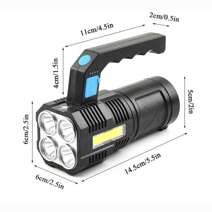 USB Rechargeable Handheld LED Flashlight with ergonomic handle, 4 LED heads, and detailed size dimensions for outdoor portability.