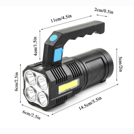 USB Rechargeable Handheld LED Flashlight with ergonomic handle, 4 LED heads, and detailed size dimensions for outdoor portability.