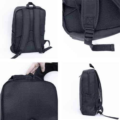 Black backpack shown from multiple angles on a white background