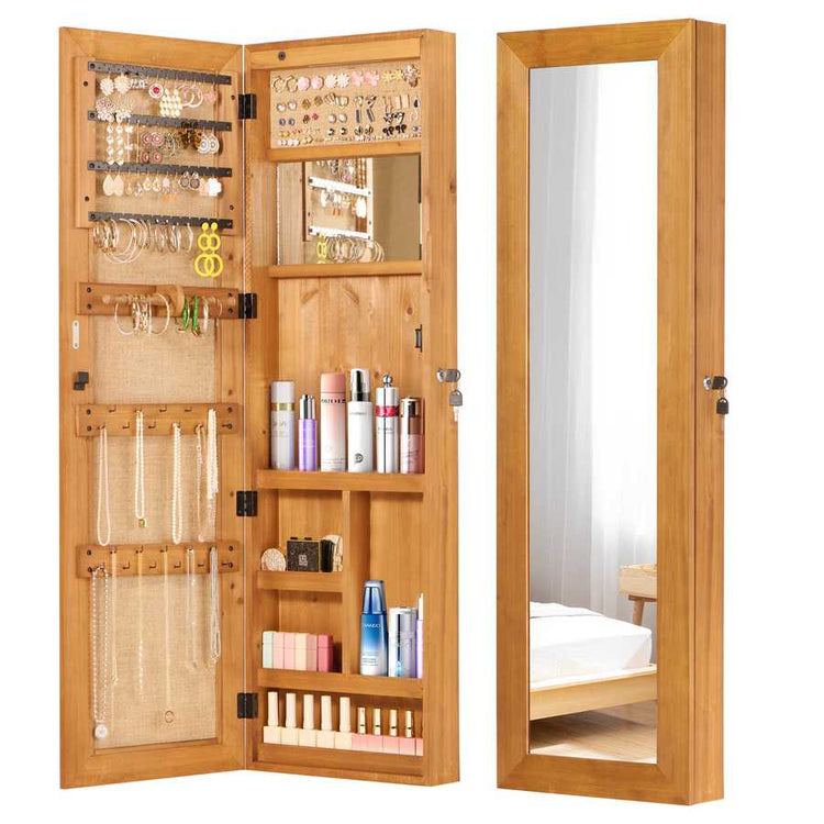 Open jewelry cabinet with organized earrings, rings, and necklaces