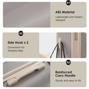 Durable ABS suitcase material with side hooks and reinforced carry handle, offering impact resistance and added travel convenience.