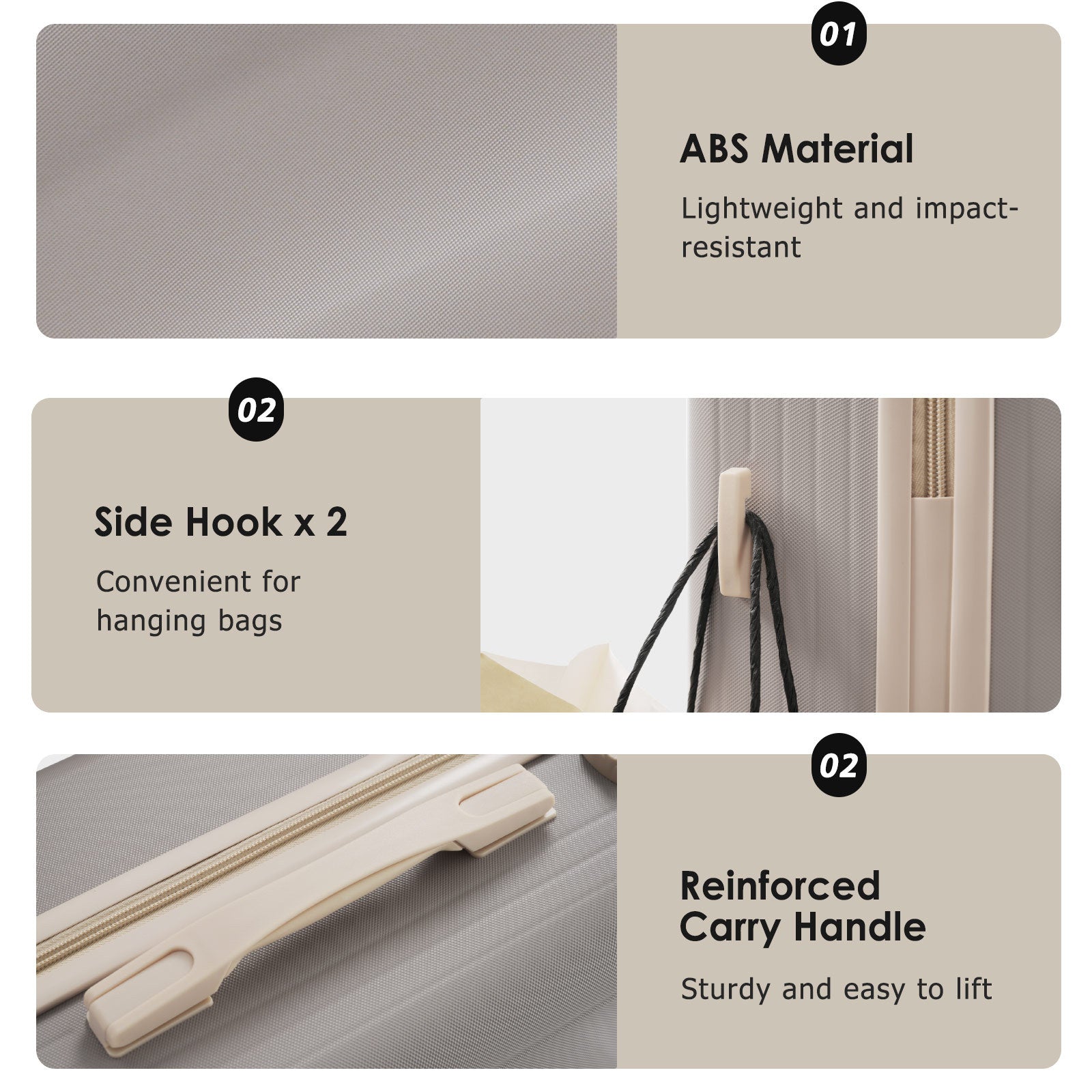 Durable ABS suitcase material with side hooks and reinforced carry handle, offering impact resistance and added travel convenience.