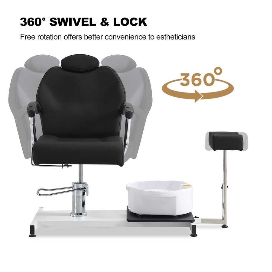 Salon chair with 360-degree swivel and lock feature on a white background