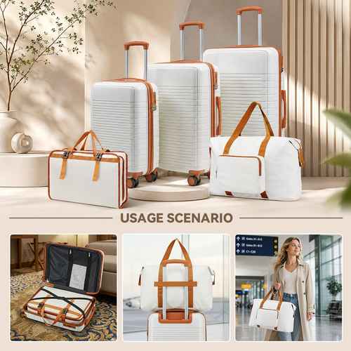 Open white and orange carry-on suitcase with visible mesh pocket, compression straps, and multiple compartments for organized packing