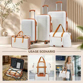 Open white and orange carry-on suitcase with visible mesh pocket, compression straps, and multiple compartments for organized packing