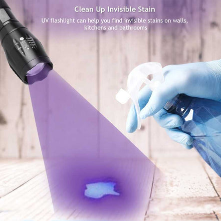 UV mode of LED UV Flashlight Detection Lamp reveals invisible stains on wooden surfaces, ideal for cleaning and hygiene checks.
