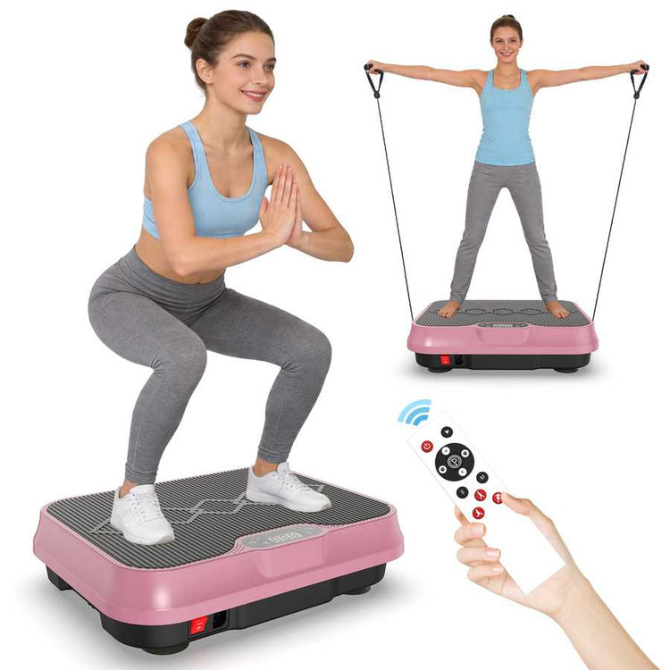 Woman using a pink vibration plate with remote control on a white background
