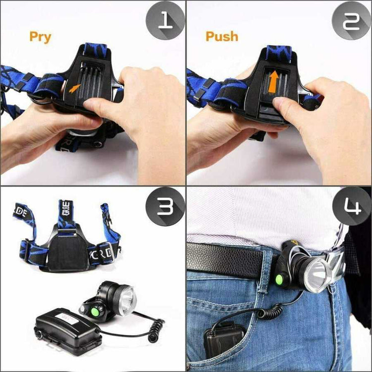 Step-by-step guide to detach and clip Rechargeable LED Headlamp battery pack for portable use during camping or hiking.