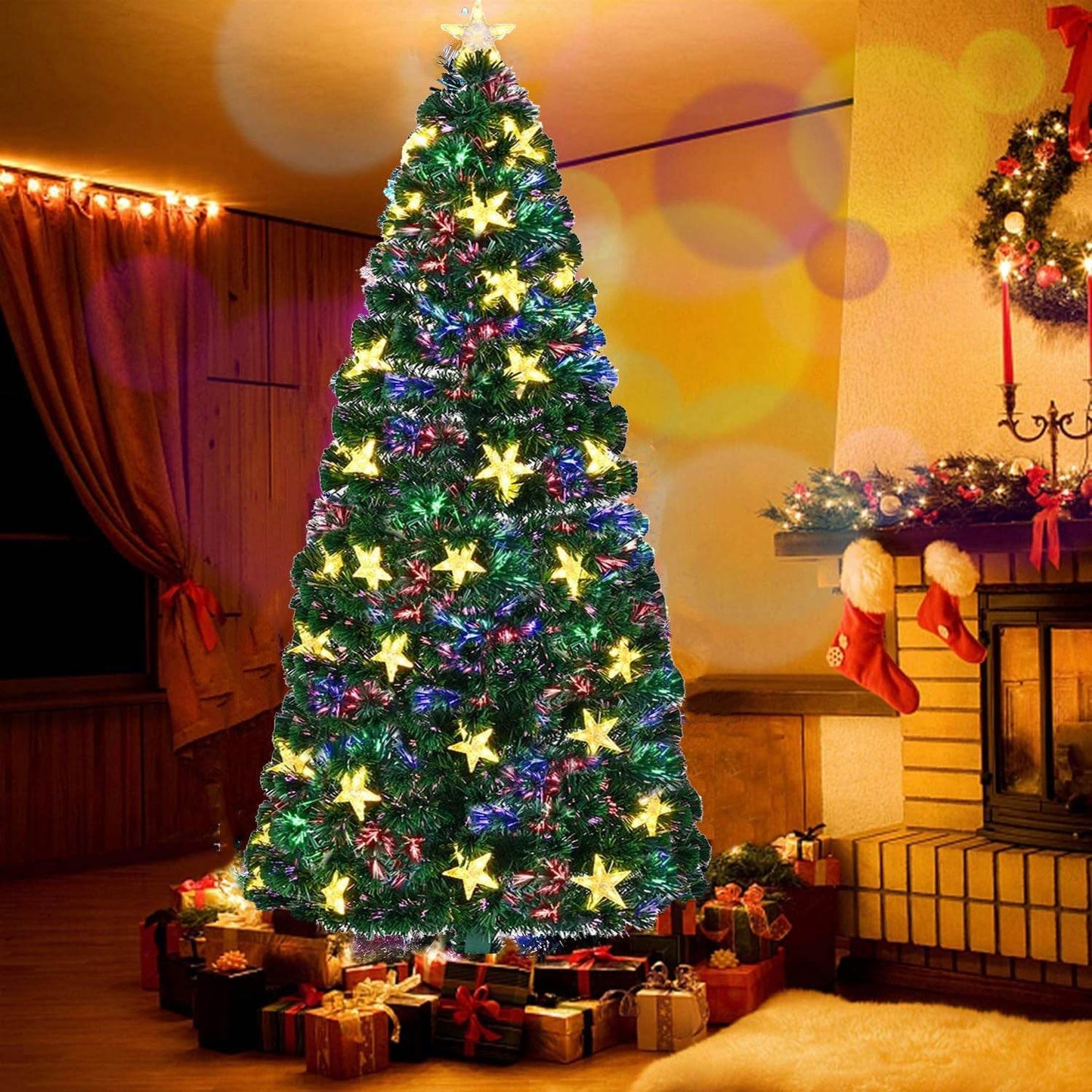 6FT Pre-lit Fiber Optic Christmas Tree with Large Stars, Artificial Christmas Tree Spruce Tree Color Changing Optical Fiber Lights,with Metal Stand,Full Tree for Holiday Decoration