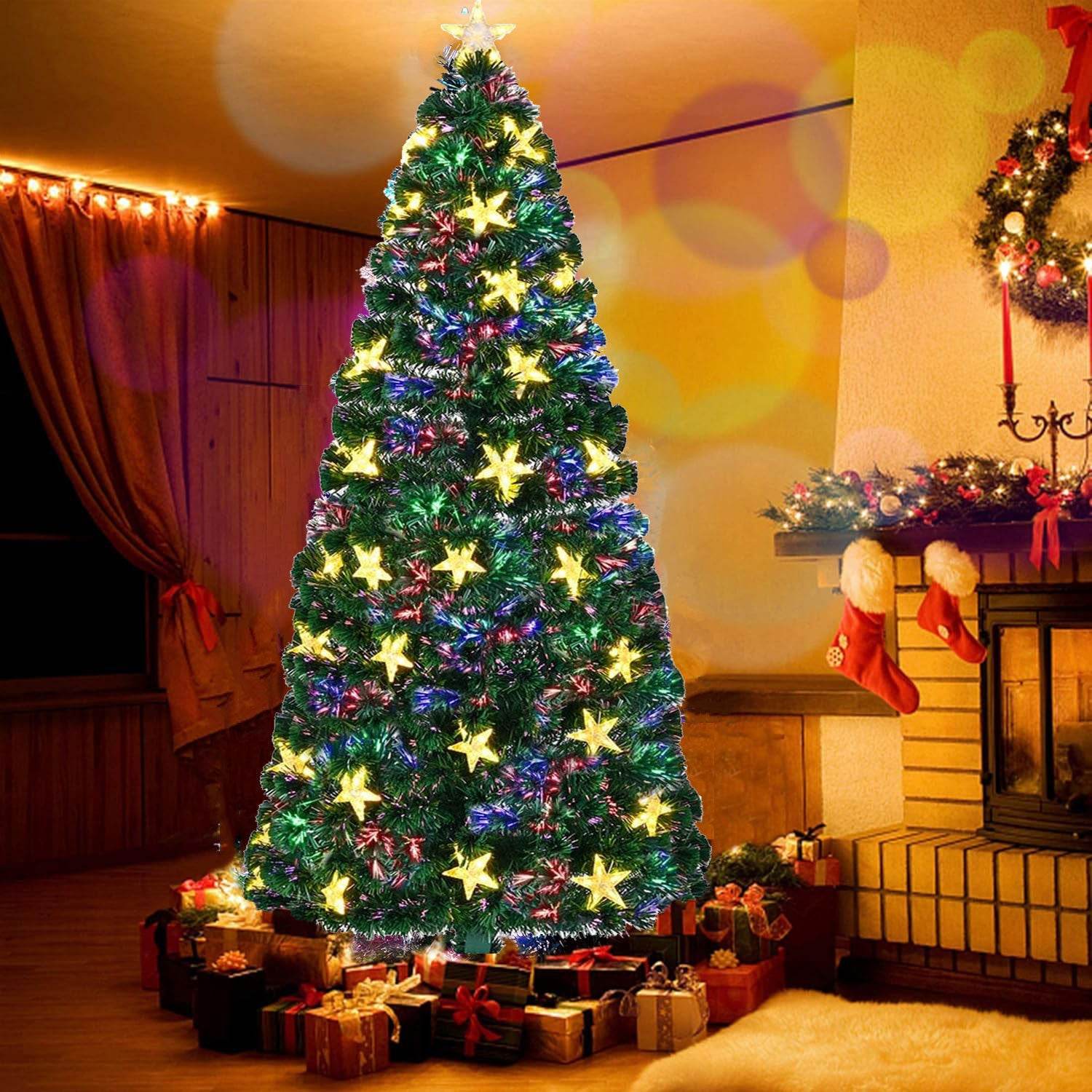 6FT Pre-lit Fiber Optic Christmas Tree with Large Stars, Artificial Christmas Tree Spruce Tree Color Changing Optical Fiber Lights,with Metal Stand,Full Tree for Holiday Decoration