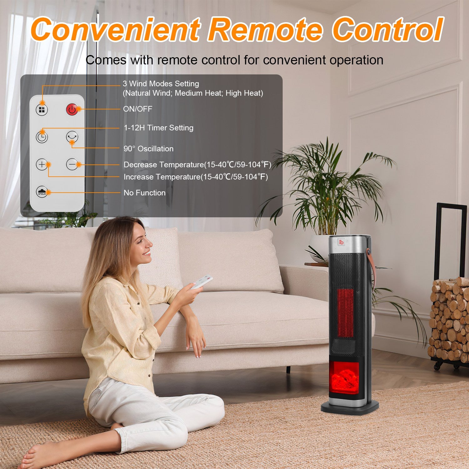 Portable Space Heaters for Indoor Use Large Room, 1500W Oscillating Ceramic Tower Space Heater with 3D Flame Portable Electric Heater with 3 Wind Modes 59-104℉Heating Remote Control 12H Timer Overheat Tip-Over Protection for Bedroom Office