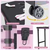 Pink portable nail art table with lockable drawers and 360-degree wheels