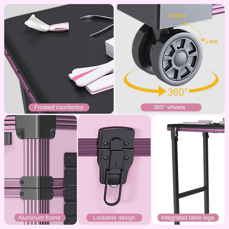 Pink portable nail art table with lockable drawers and 360-degree wheels