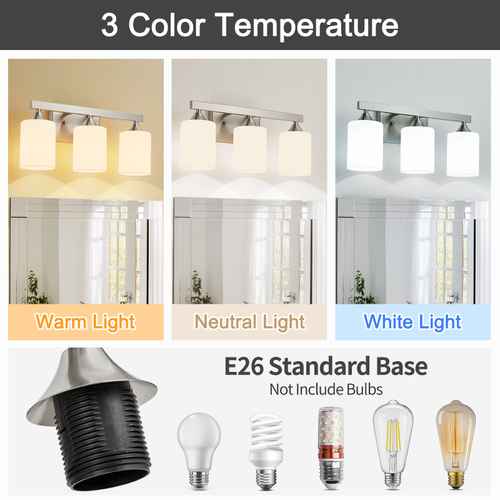 A product information graphic for a three-light vanity wall sconce. The top section shows the light fixture mounted above a mirror in three color temperature modes: Warm Light, Neutral Light, and White Light.