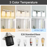 A product information graphic for a three-light vanity wall sconce. The top section shows the light fixture mounted above a mirror in three color temperature modes: Warm Light, Neutral Light, and White Light.