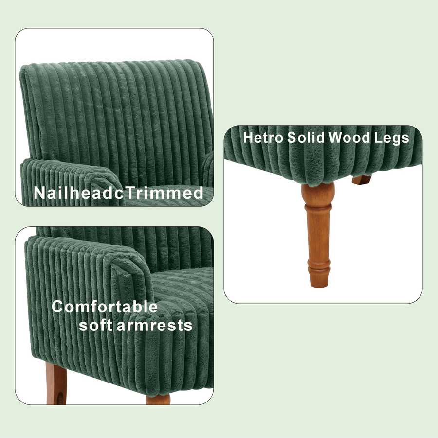 Green upholstered chair with nailhead trim, wooden legs, and soft armrests on a light green background.