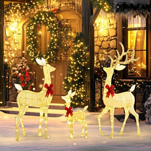 Outsunny 4.5ft 3-Piece Light Up Christmas Deer Family Set of 3, Lighted Reindeer Christmas Decorations with 2 LED Light Modes, Stakes, Zip Ties for Indoor, Outdoor, Yard, Lawn, Silver
