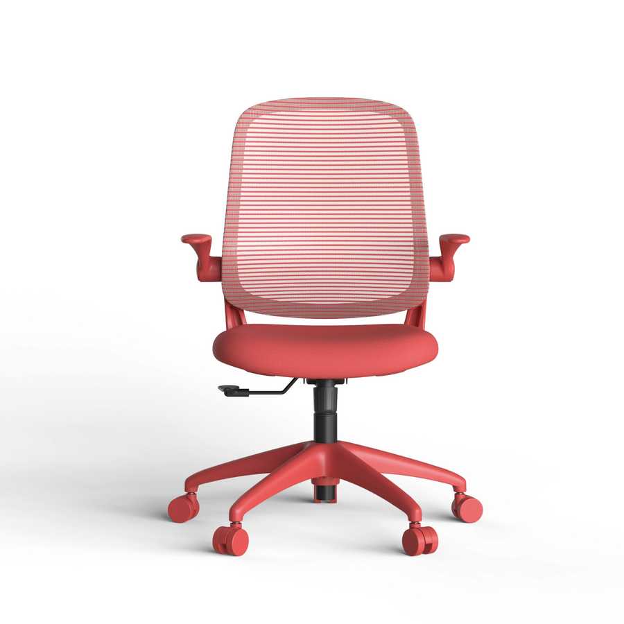 Red office chair with mesh back on a white background