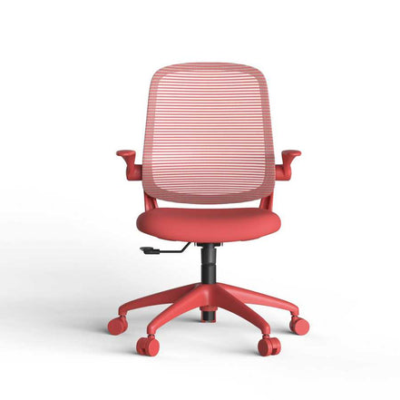 Red office chair with mesh back on a white background